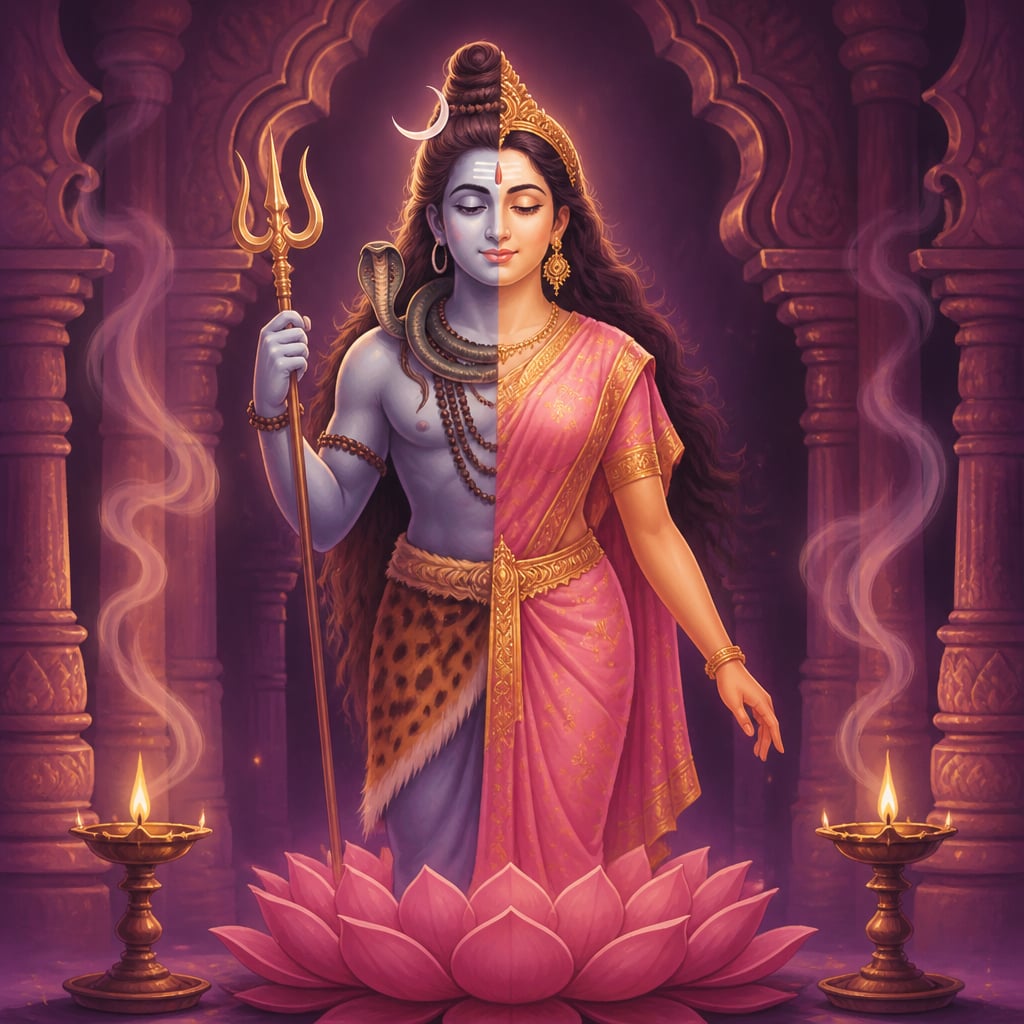 Ardhanarishvara in serene composite form standing on a lotus pedestal in soft temple light.