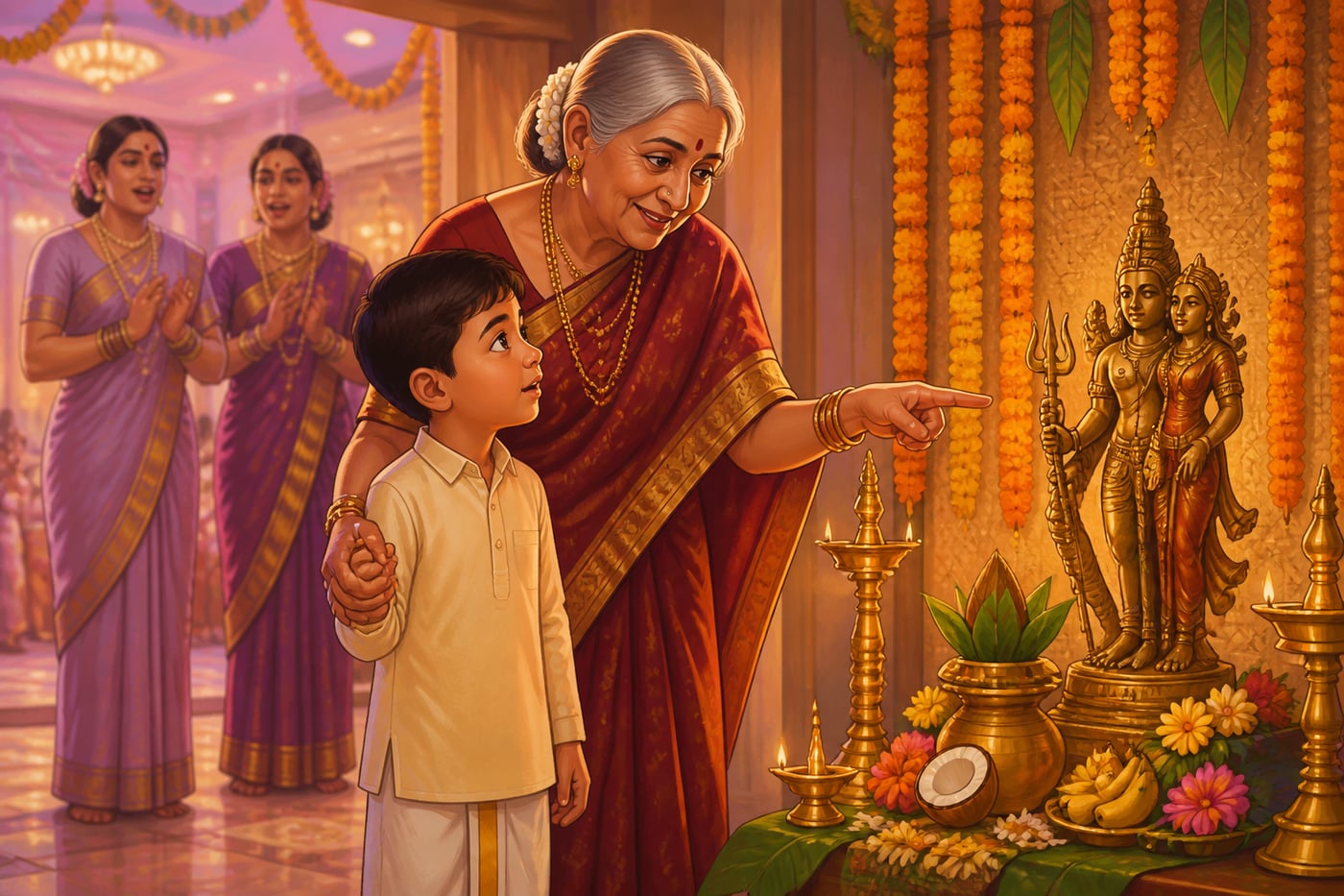 Grandmother showing her grandson the Ardhanarishvara murti at a wedding puja