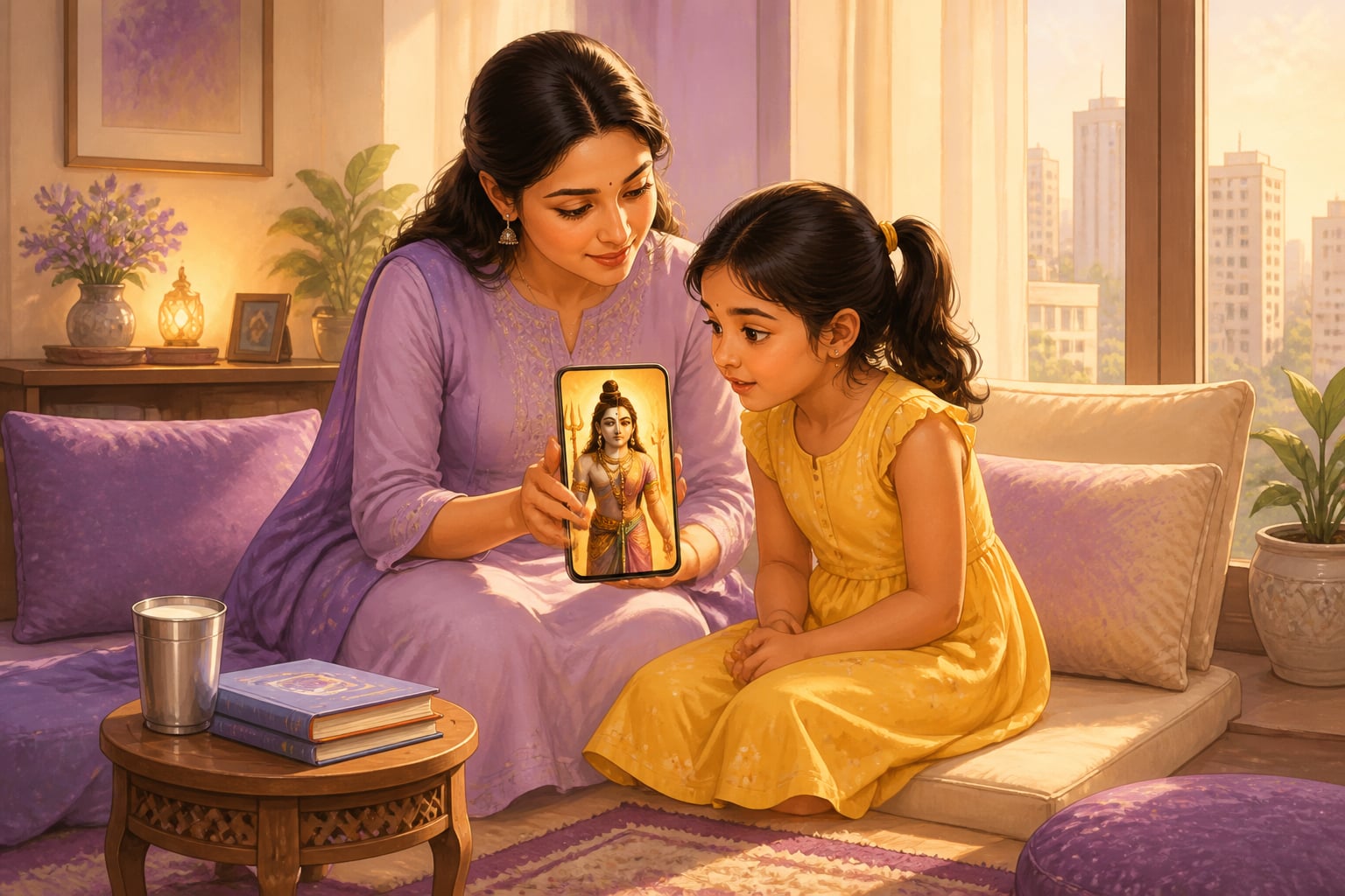 Mother showing her daughter an image of Ardhanarishvara on her phone