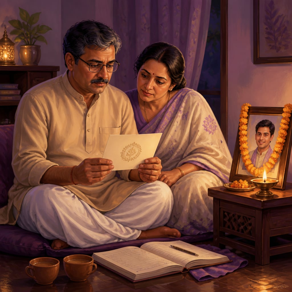 A middle-aged Indian couple sitting together in their lamp-lit living room reading a nephew's wedding invitation card by the glow of a brass diya.