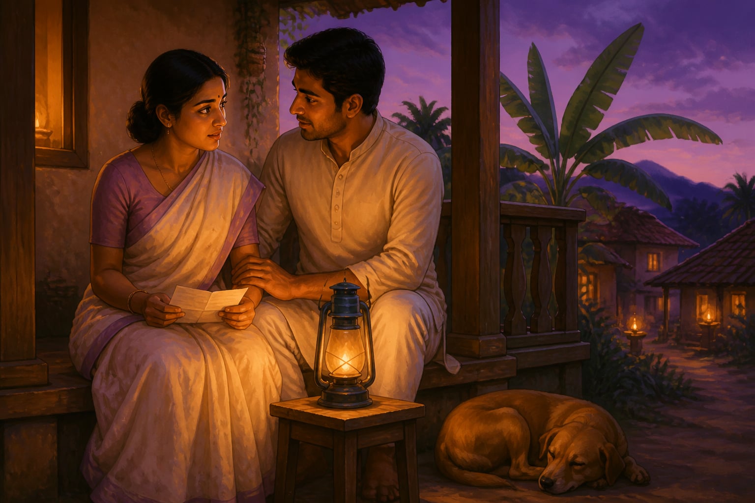 Meena and her husband on a village porch at evening
