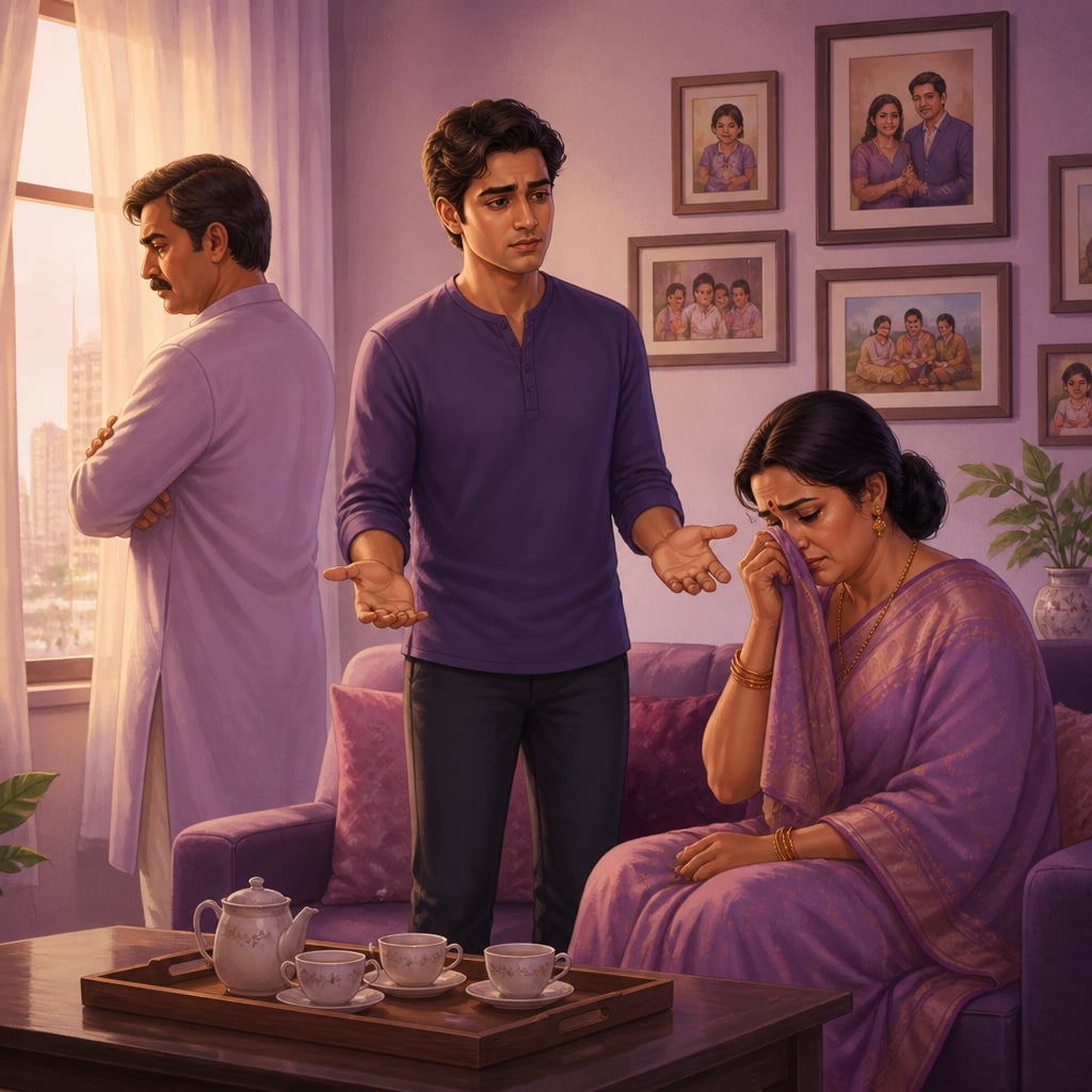 An Indian father, mother, and adult son in a city living room caught in a quiet, charged moment of family tension and unspoken love.