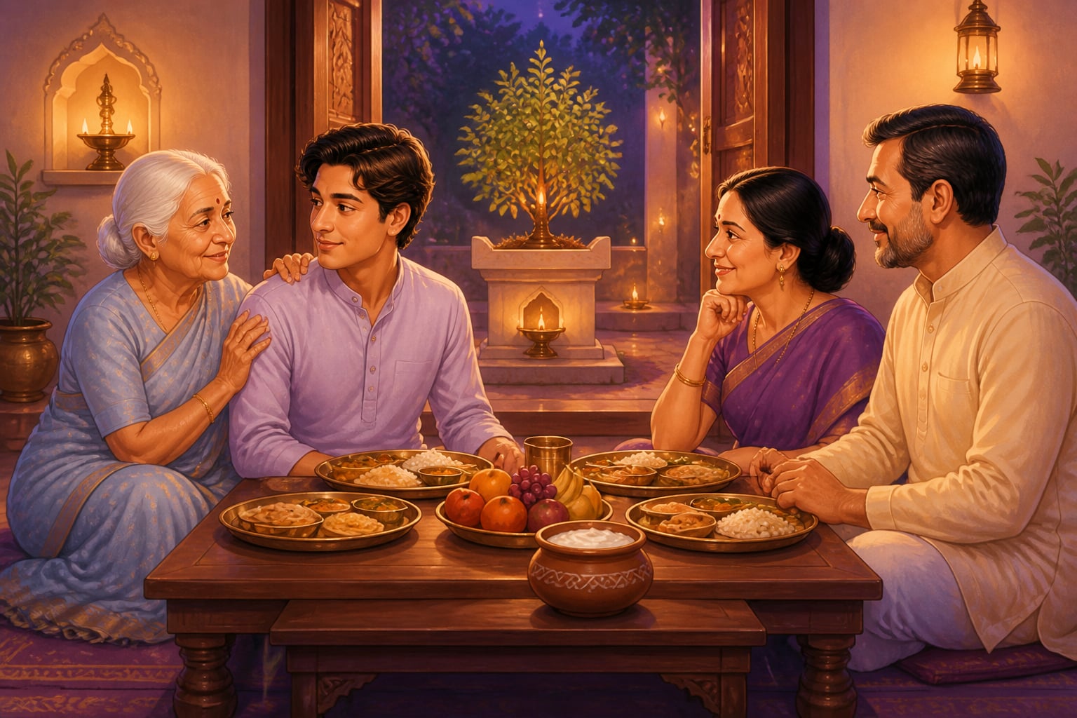 A grandmother and grandchild at a reconciled multi-generational meal