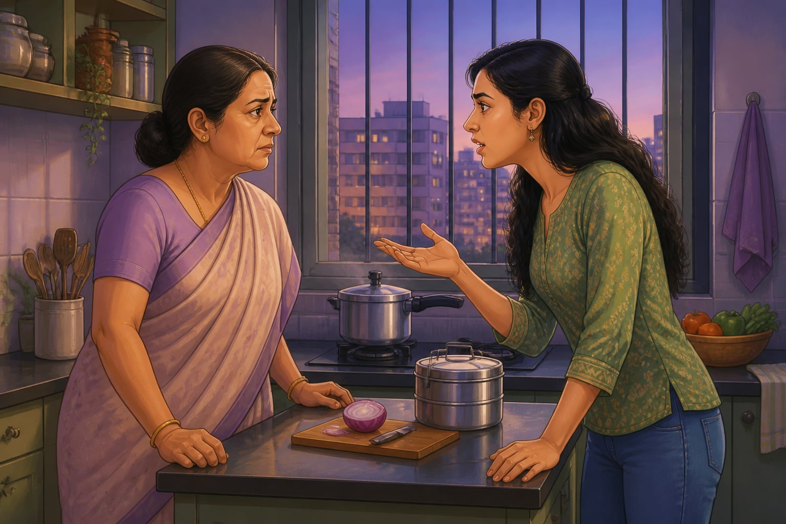 Sunita and her daughter Kavya tense across a Bangalore kitchen