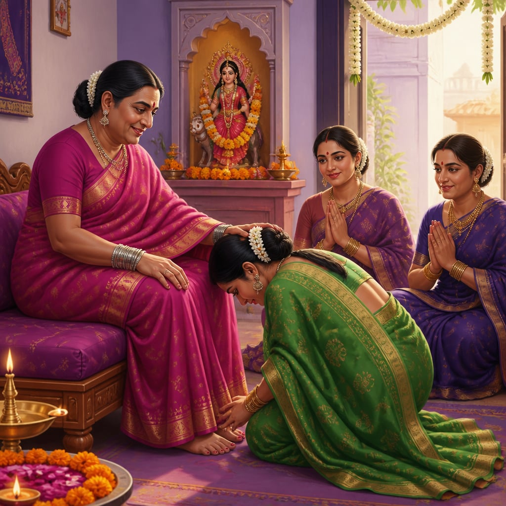 An elder hijra guru in a magenta saree welcomes a younger chela who bows to touch her feet inside a serene gharana household.