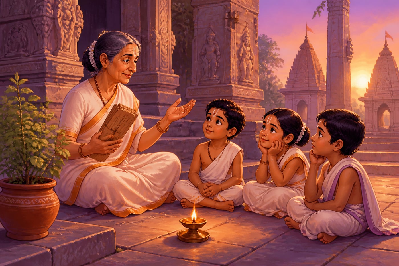 A tritiya prakriti elder teaching temple children with a palm-leaf manuscript