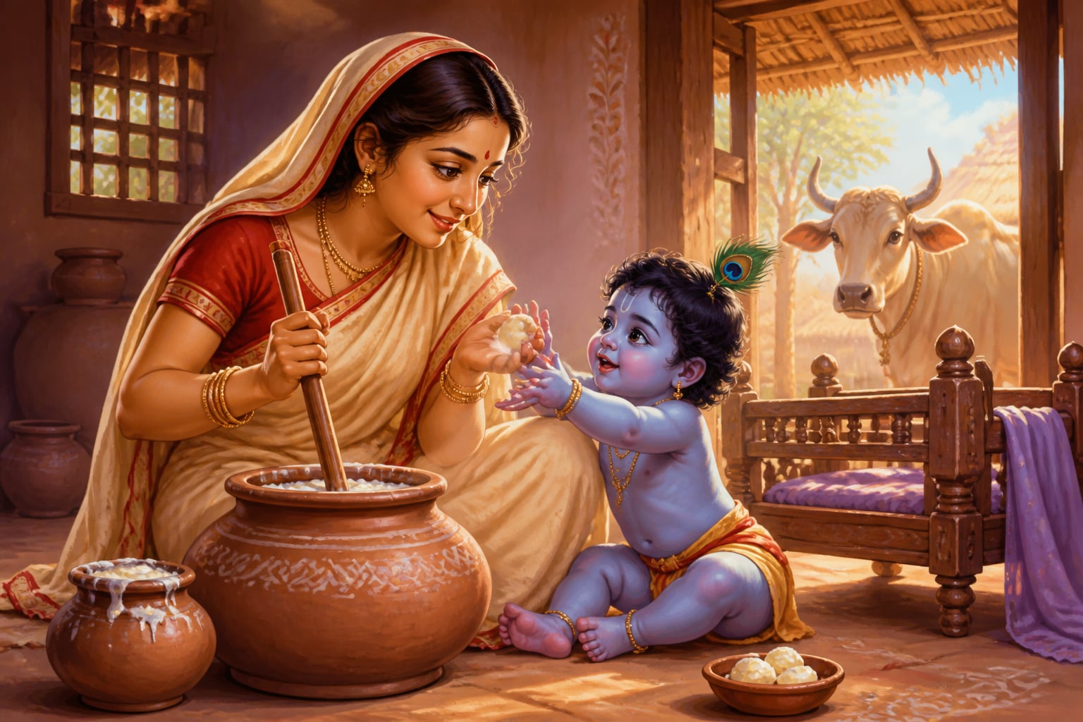 Yashoda churning curd as baby Krishna reaches for butter