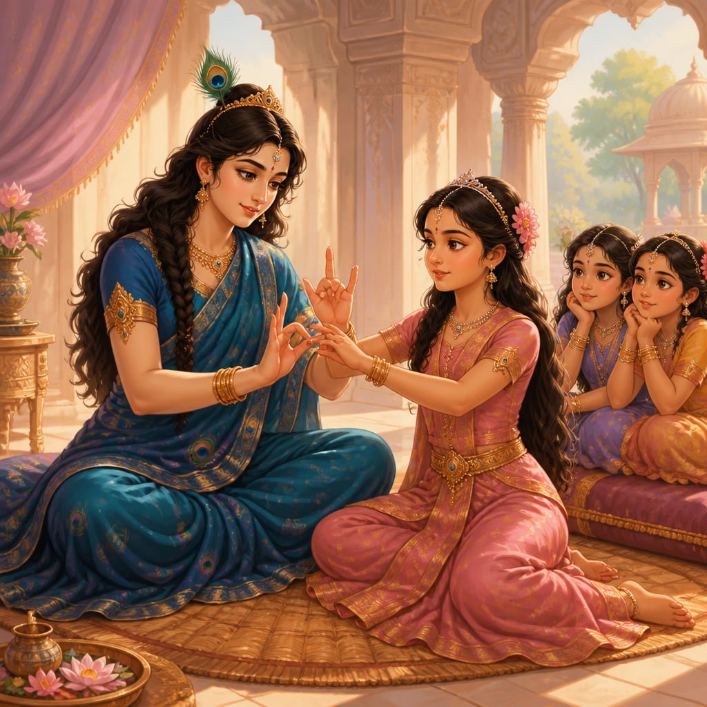 Arjuna as Brihannala teaching dance to Princess Uttara in the women's quarters of Virata's palace