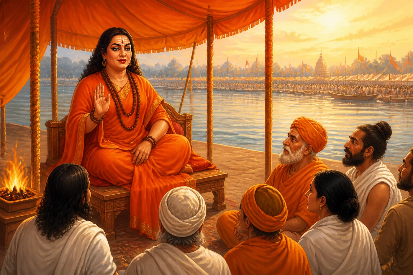 Lakshmi Narayana Tripathi as Mahamandaleshwar blessing pilgrims at the Kumbh Mela