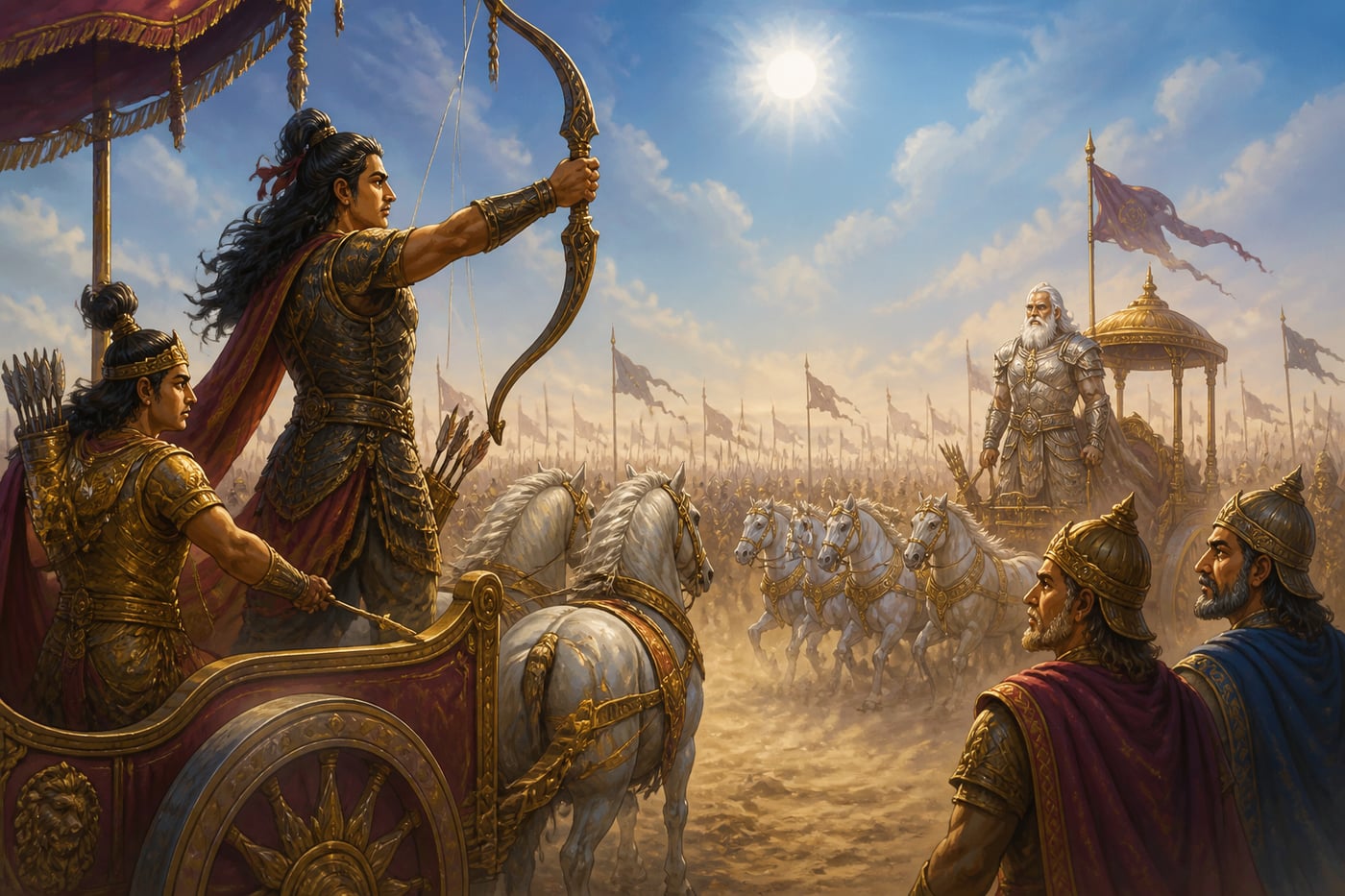 Shikhandi raising her bow against Bhishma at the Kurukshetra battlefield