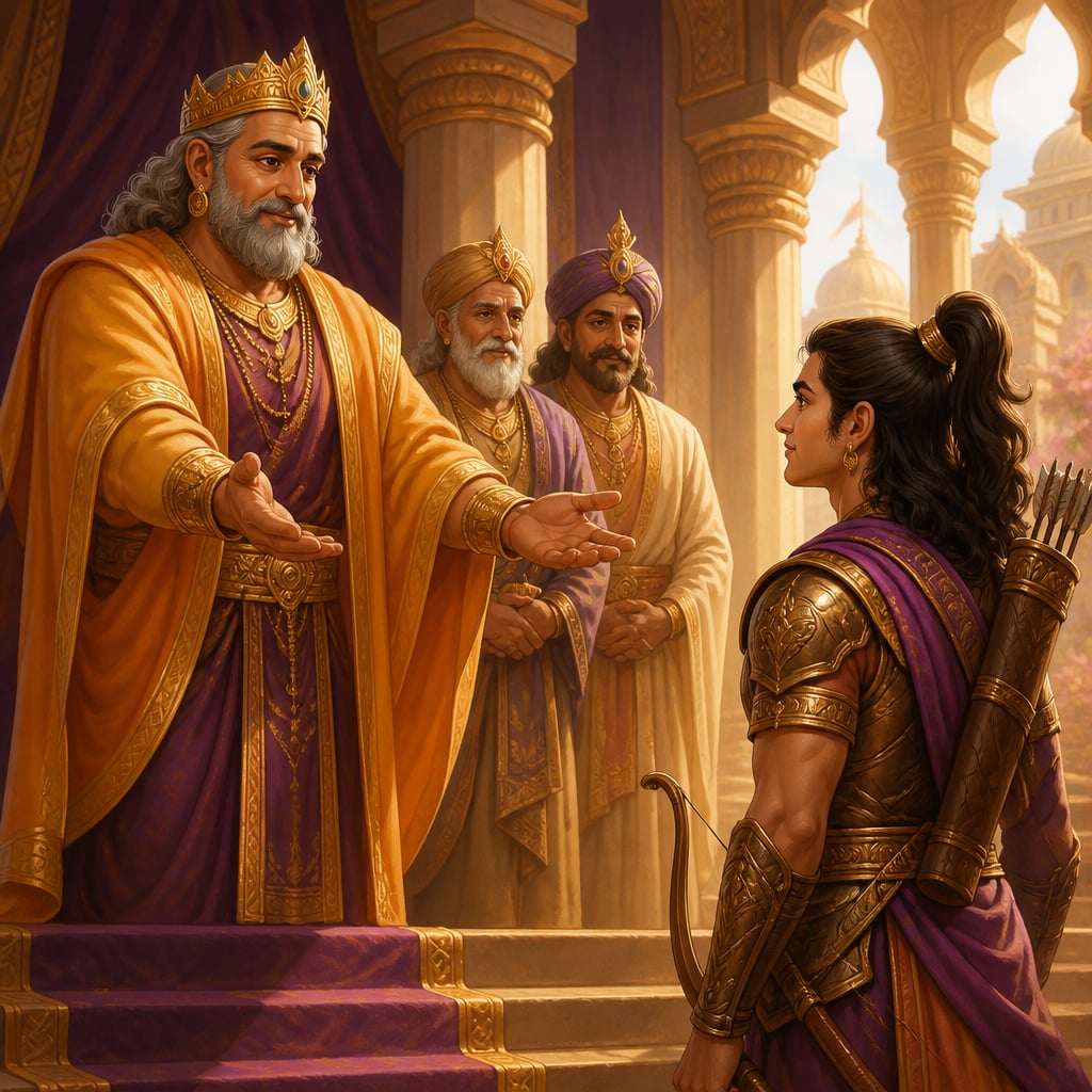 King Drupada of Panchala at the steps of his palace with his child Shikhandi