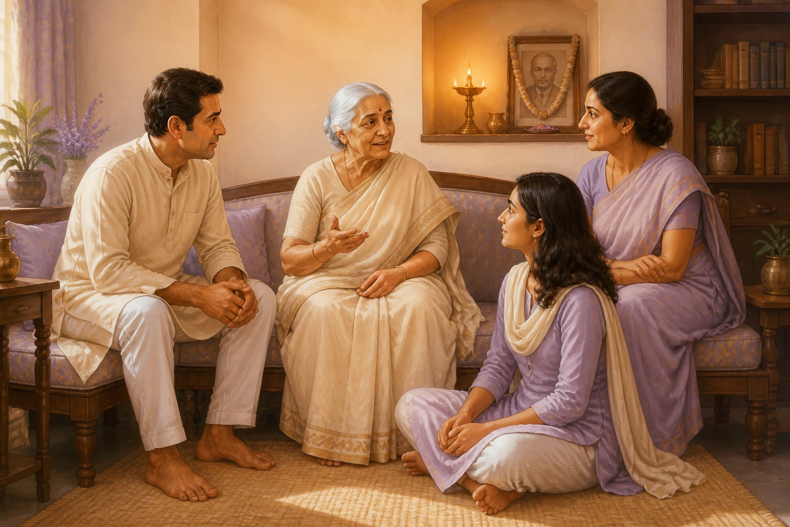 A grandmother counseling a multigenerational family in soft lamplight