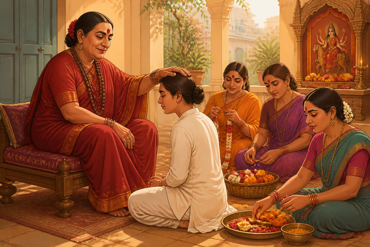 An elder hijra guru blessing a kneeling young chela in a Mumbai courtyard