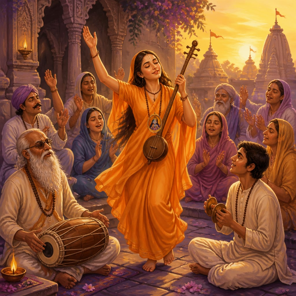 Meera Bai dancing in bhakti at the heart of a circle of bhaktas in a temple courtyard at dusk