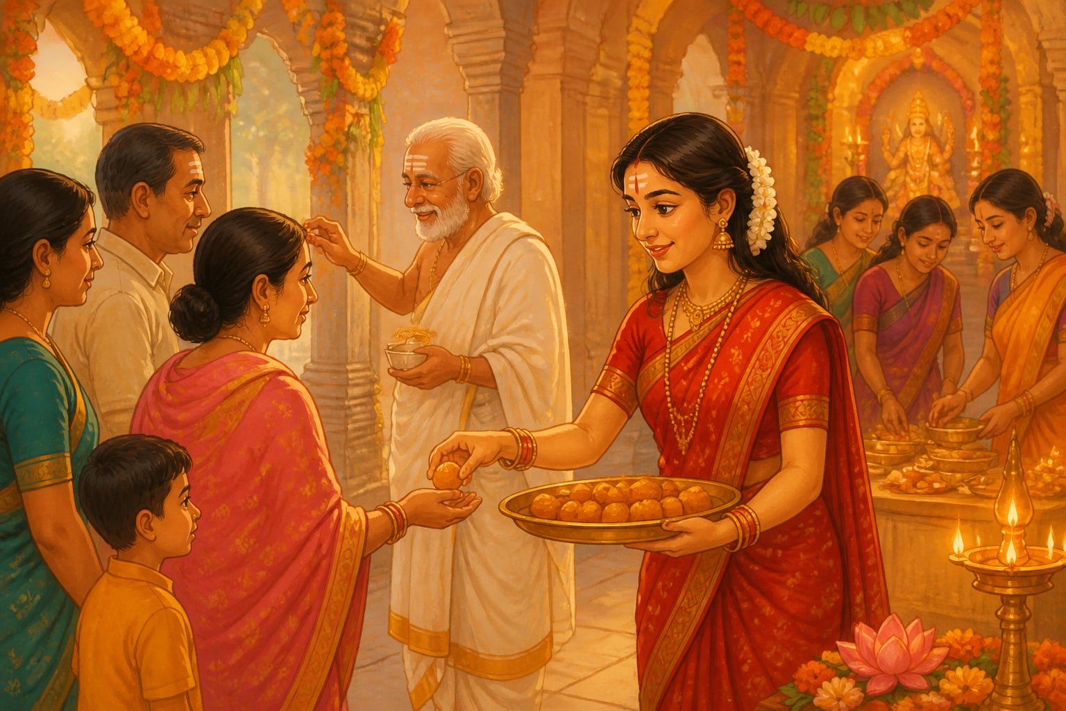 Priya serving prasad at a Hindu temple during Navratri