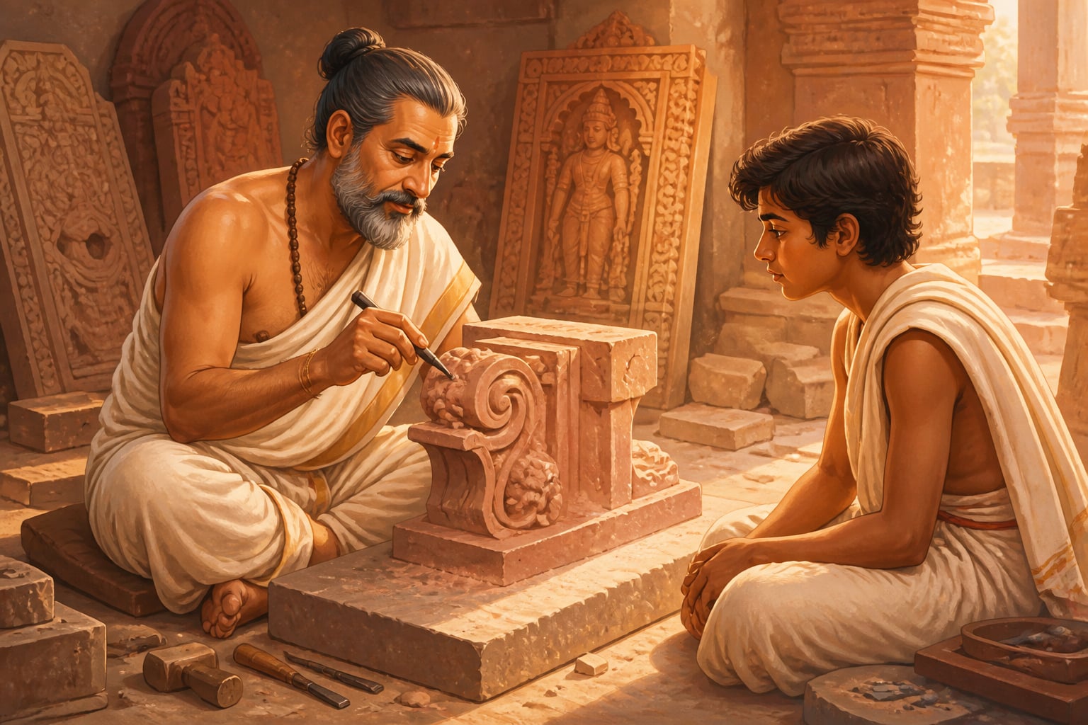 A master sculptor teaching a young apprentice in a temple workshop