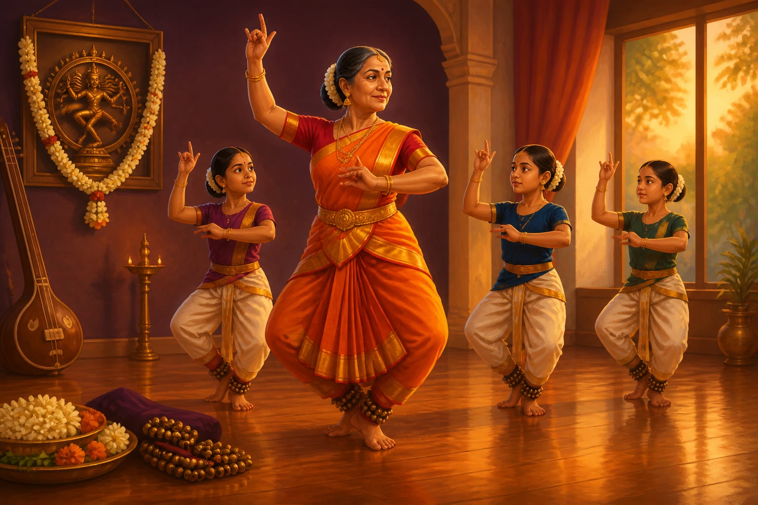 A senior bharatanatyam teacher transmitting the form to young students
