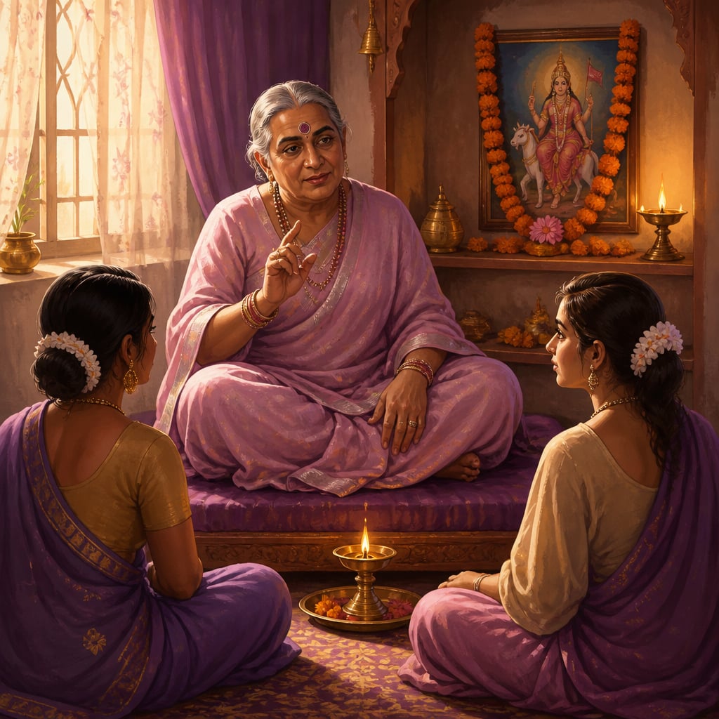 Hijra guru transmitting wisdom to two chelas in a home shrine room