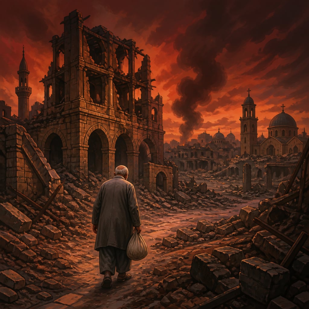 Bombed-out Aleppo street at dusk with an elderly Syrian man walking alone through rubble.