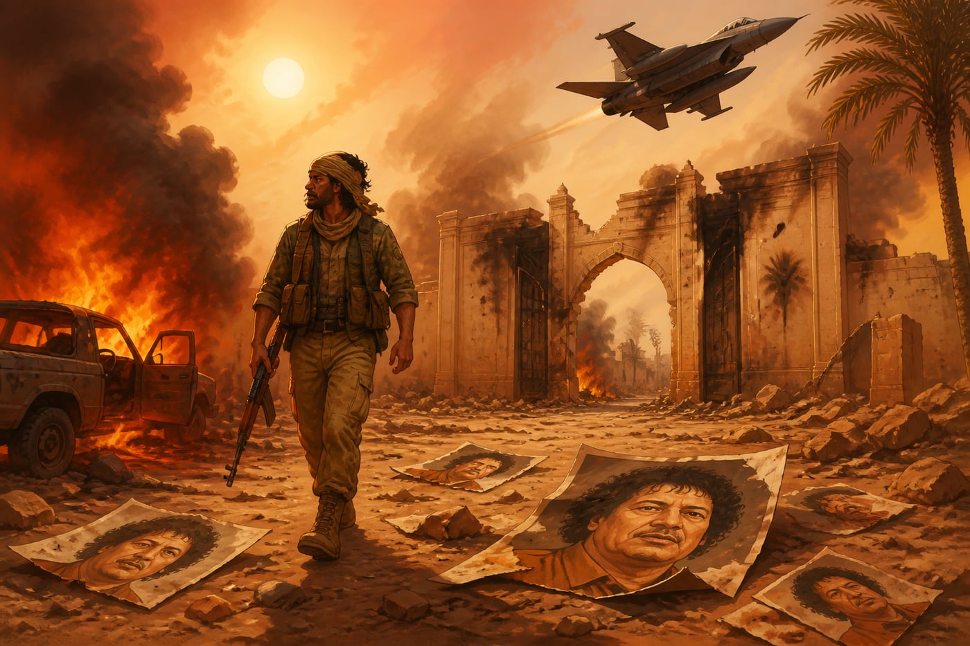 Gaddafi's compound burns as Libya fractures in 2011