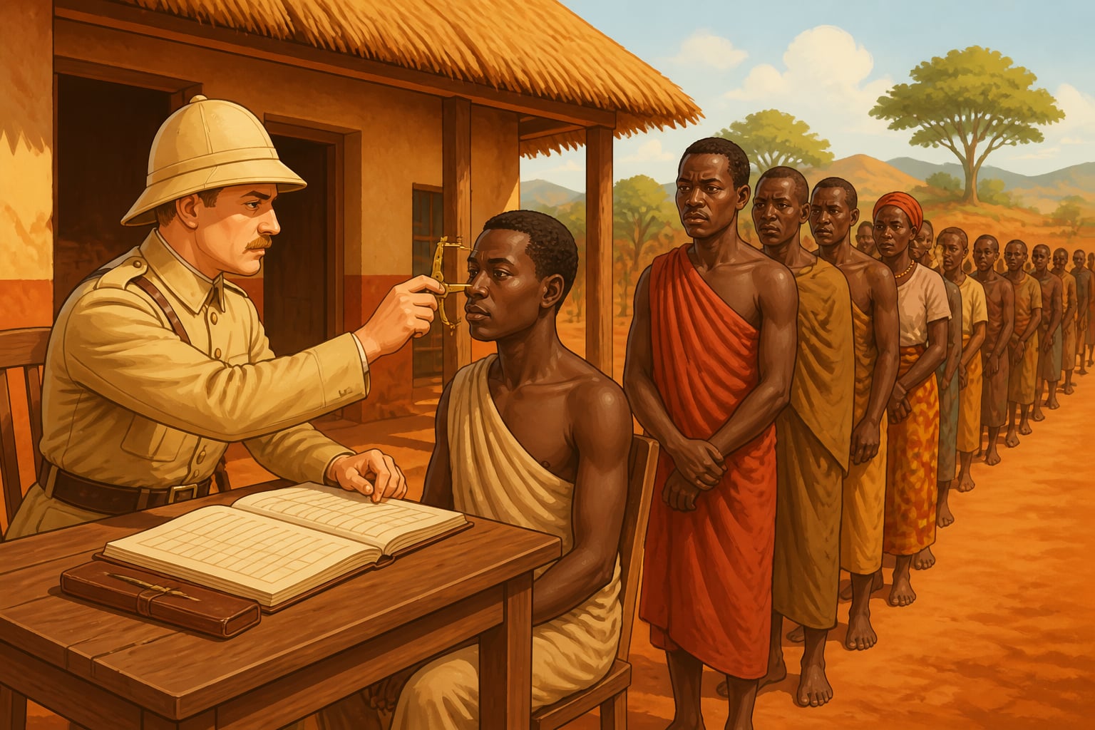 A Belgian colonial officer measures noses to classify Rwandans by race