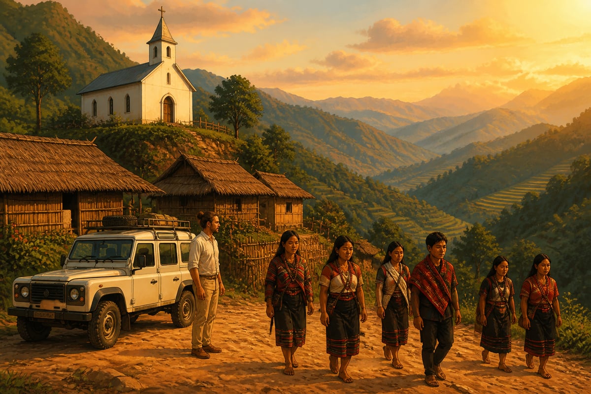 A Northeast Indian tribal village with church, NGO landrover, and foreign visitor