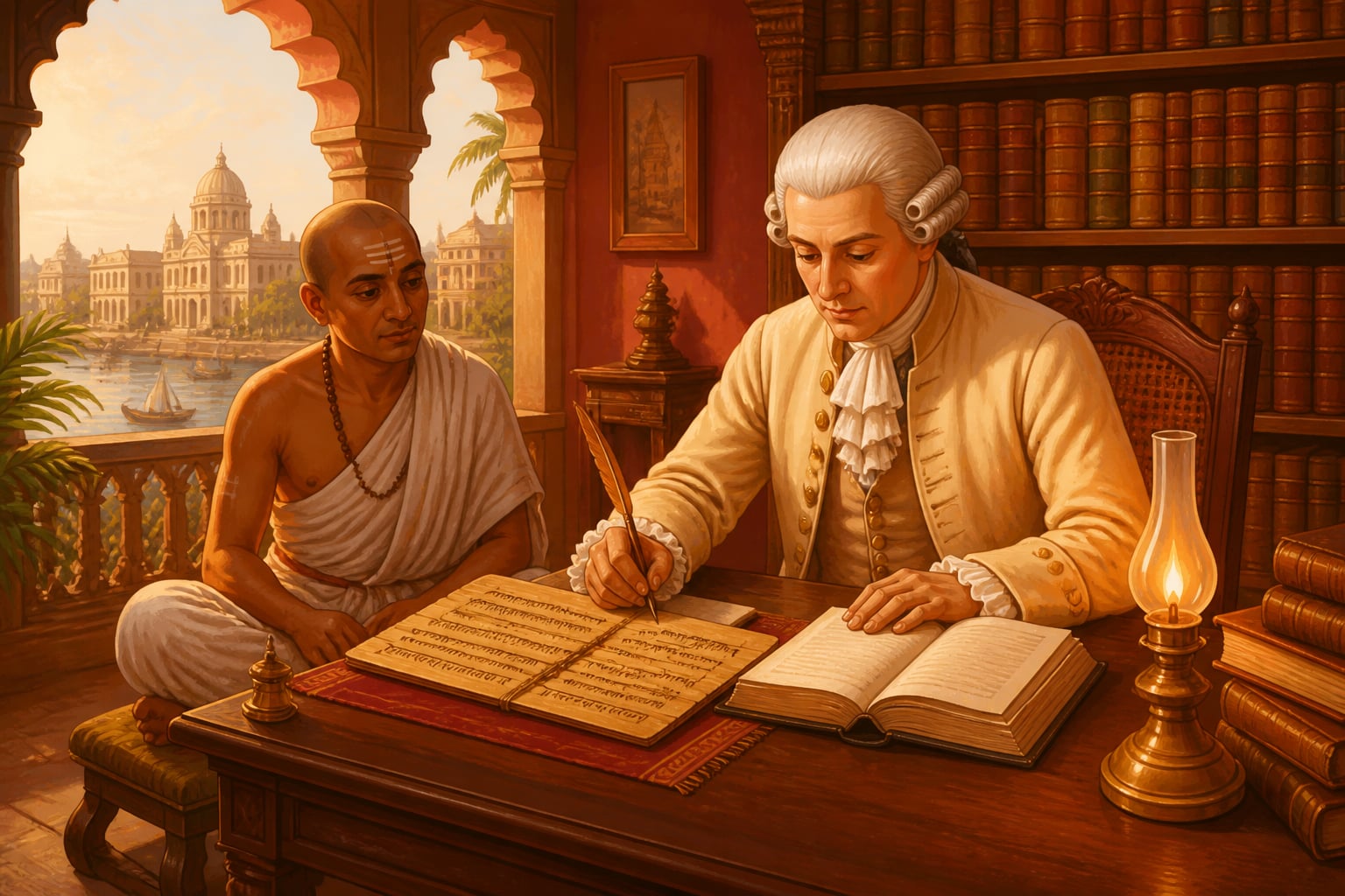 A Company-era orientalist translating Sanskrit with an Indian pandit in colonial Calcutta