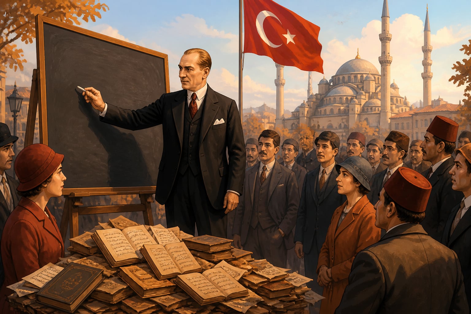 Ataturk teaches the Latin alphabet in Istanbul as Arabic-script books are set aside