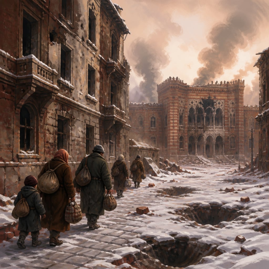Bombed-out main street of Sarajevo in winter 1993 with civilians hurrying past shell-cratered cobbles.