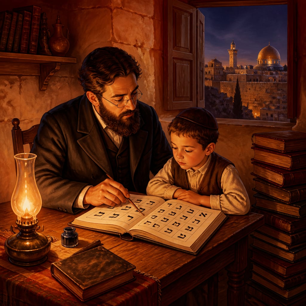 Eliezer Ben-Yehuda in 1880s Jerusalem teaching modern Hebrew to his young son by lamplight.