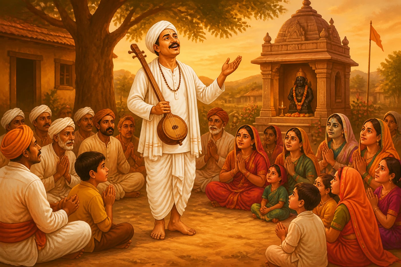The Bhakti saint Tukaram sings abhangas to villagers in the open courtyard