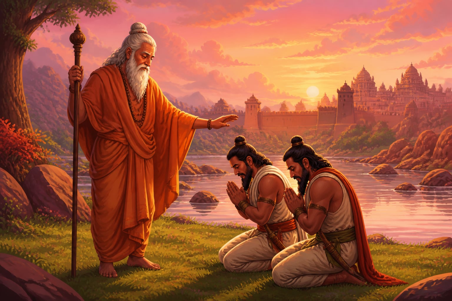 Vidyaranya blesses Harihara and Bukka at the founding of Vijayanagara in 1336