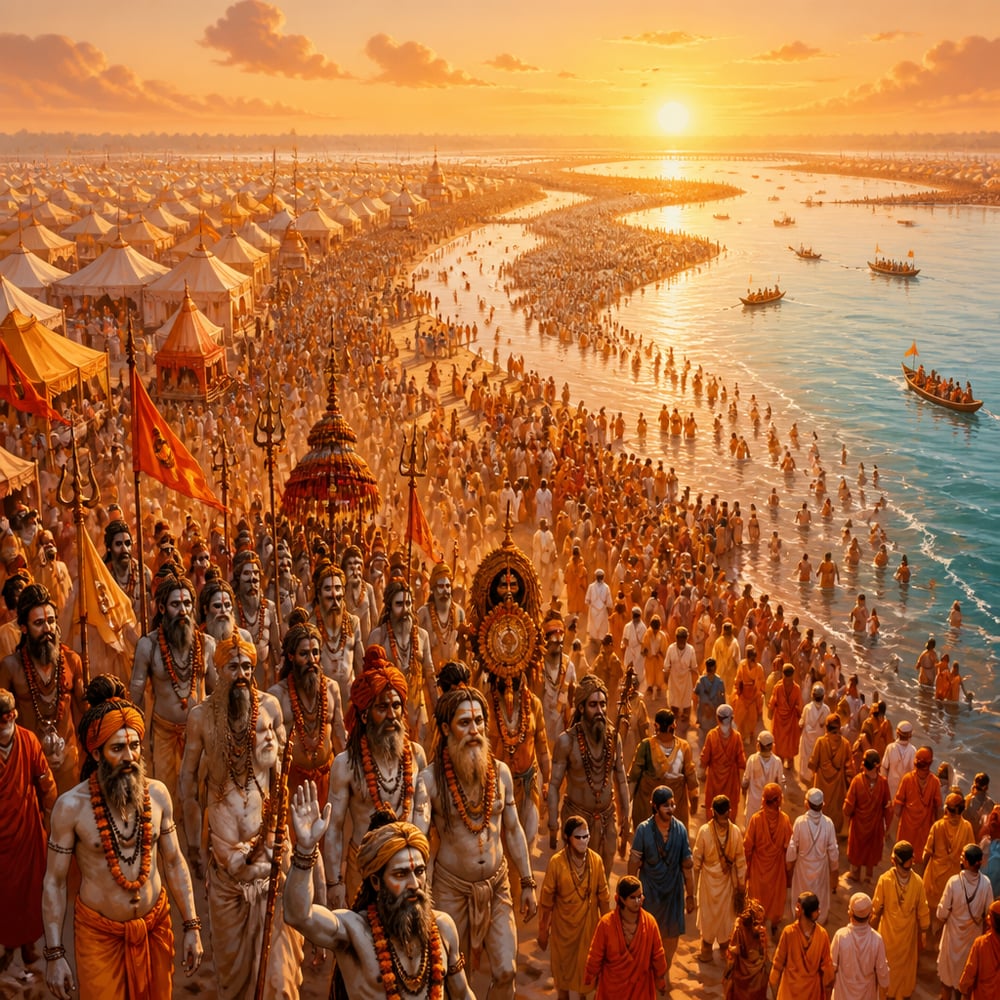 Aerial view of Maha Kumbh Mela pilgrims at Triveni Sangam at sunrise