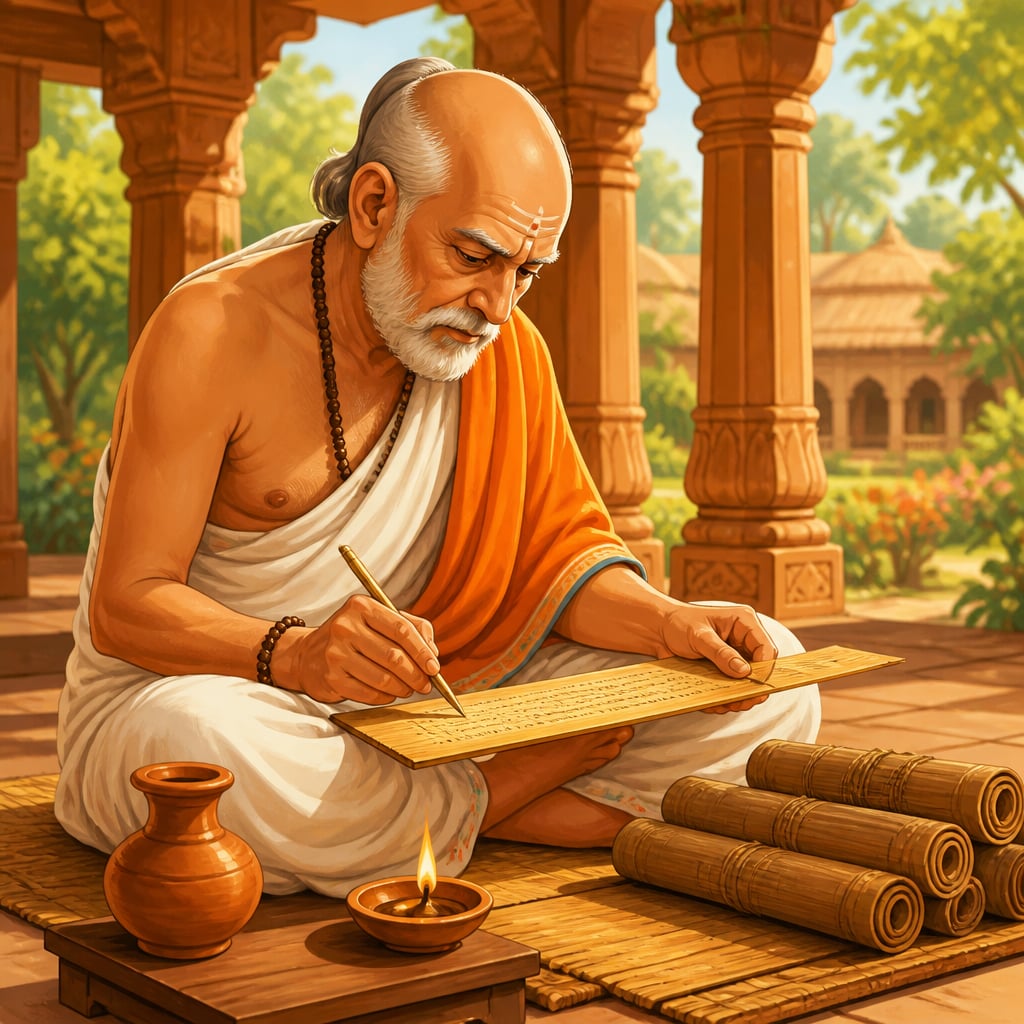 Panini composing Sanskrit grammar rules on palm-leaf manuscript