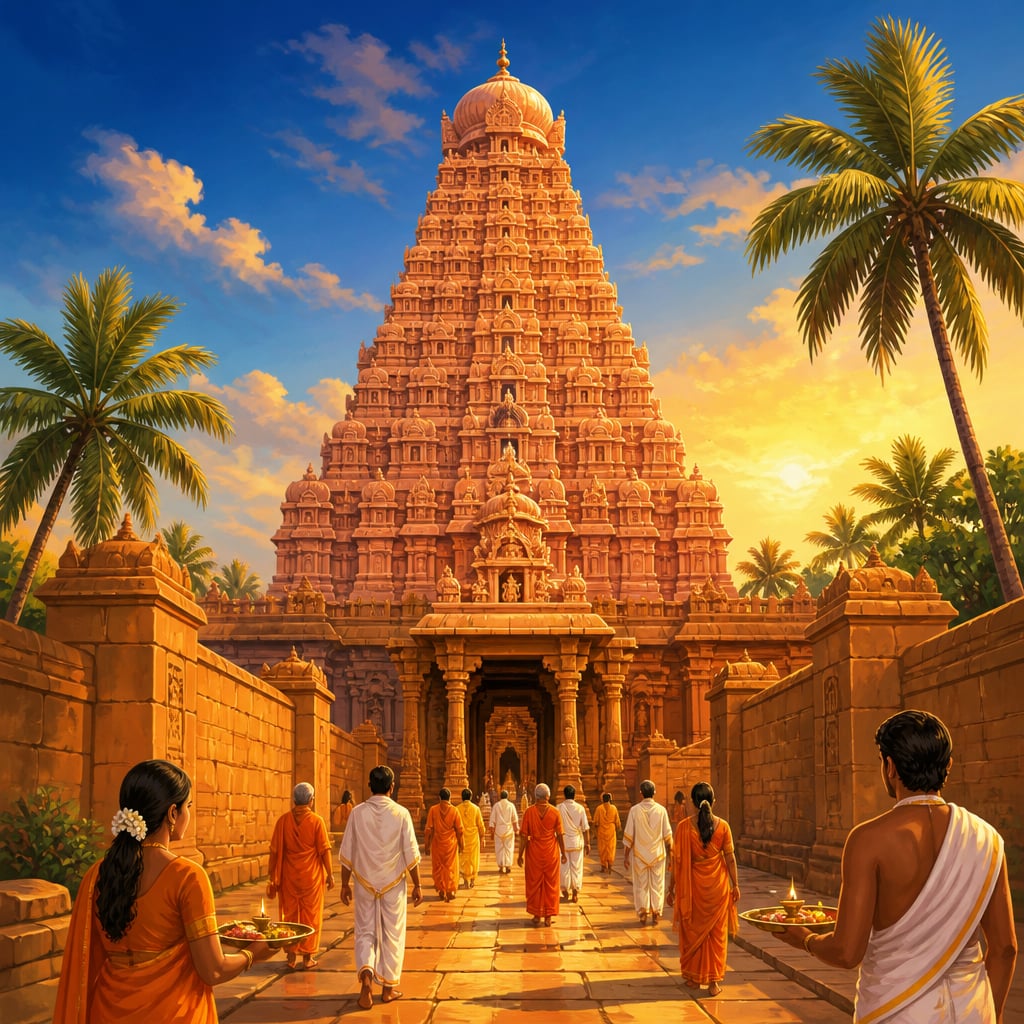Brihadeshwara Temple vimana rising over Thanjavur at dawn