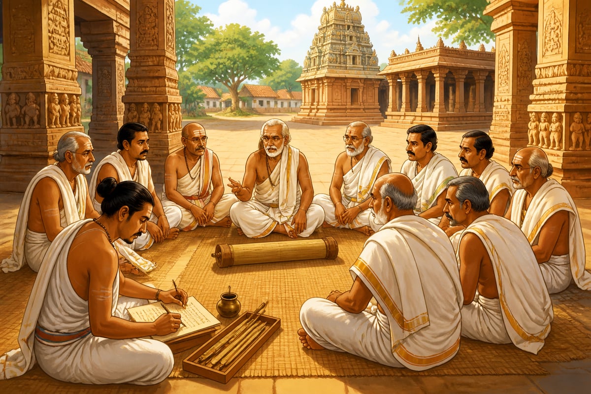 The Uttaramerur village assembly deliberates in temple courtyard