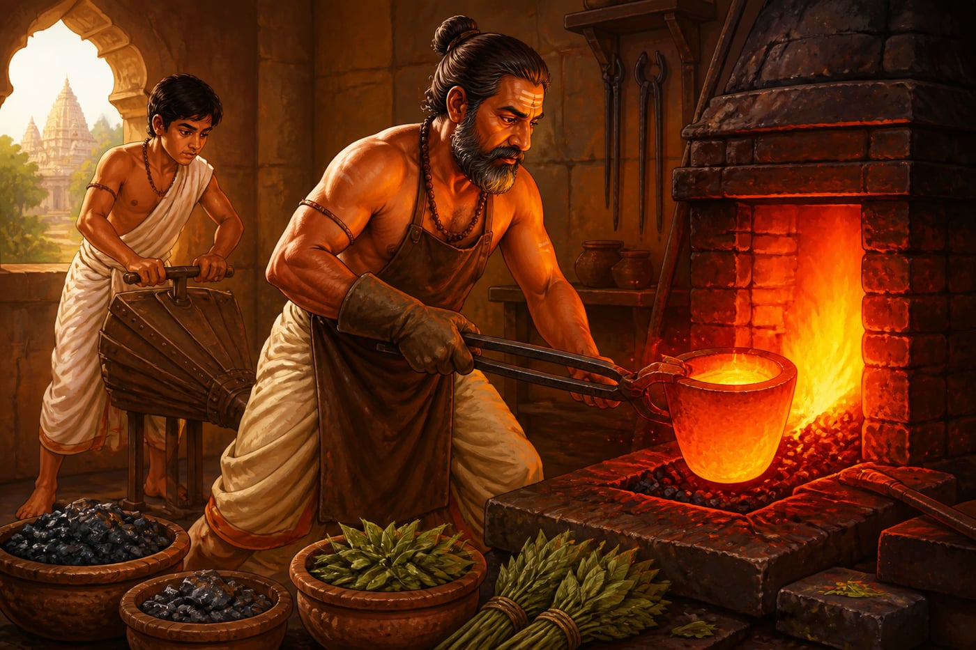 An Indian metallurgist draws molten wootz steel from the forge
