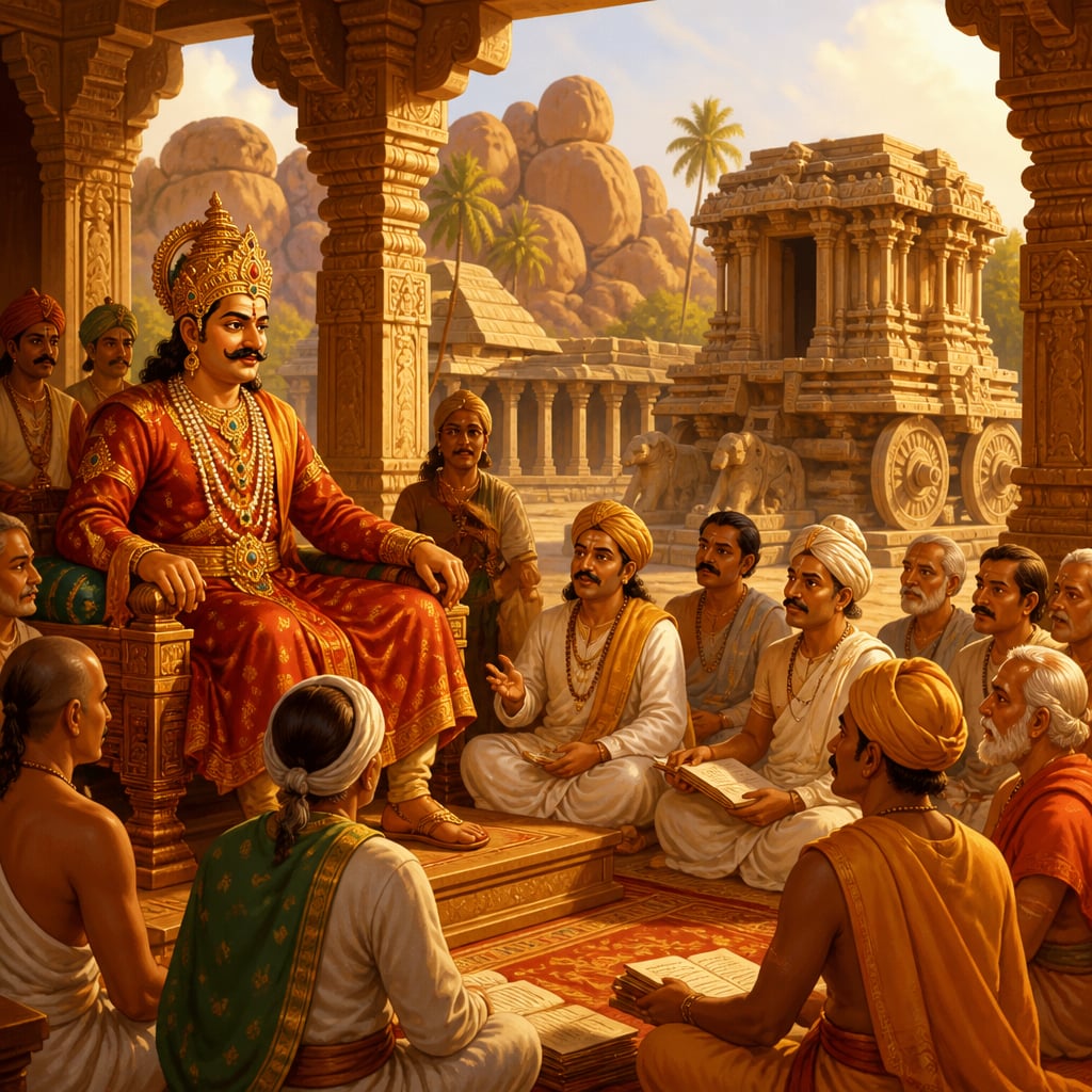 Krishnadevaraya holding court with scholars at Hampi