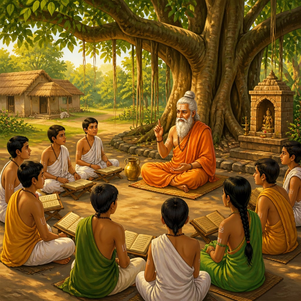 A village gurukul beneath a great banyan tree with an elder guru teaching students seated on reed mats.