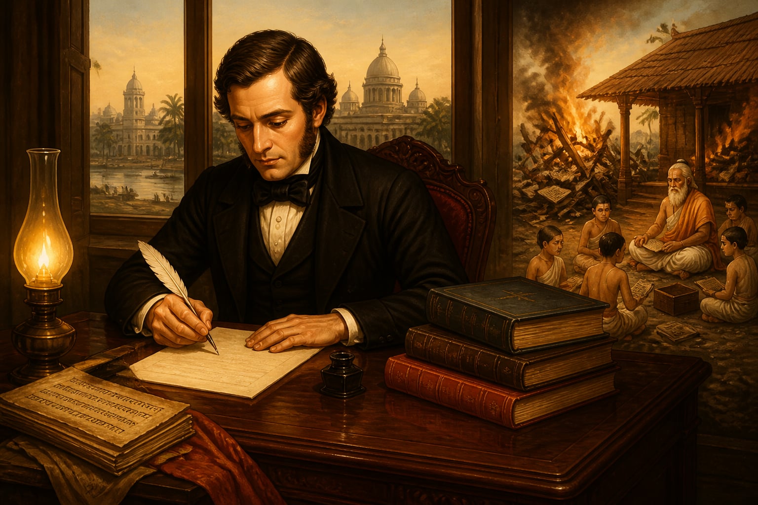 Macaulay drafting the 1835 Minute on Education in Calcutta