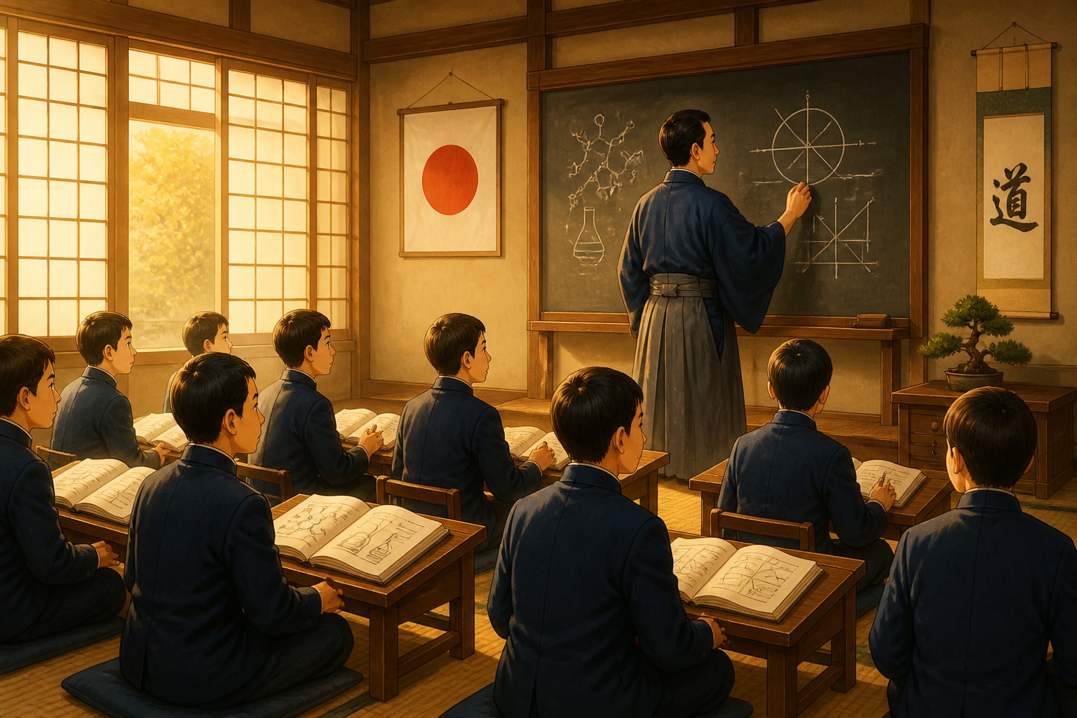 Meiji-era Japanese classroom modernising in Japanese