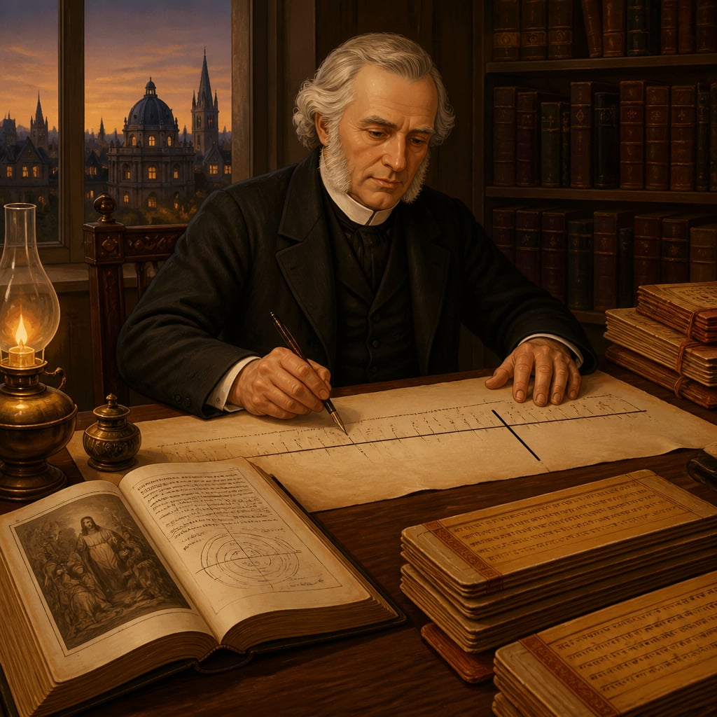 Max Mueller at his Oxford desk dating the Vedas by working backwards from biblical chronology.