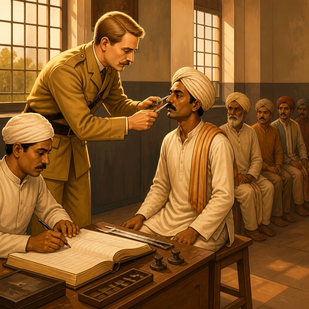 Herbert Risley measuring an Indian villager's nasal index in a colonial census office.