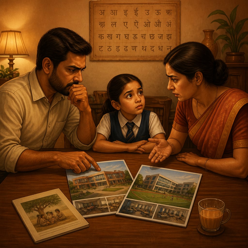 An Indian family at a dining table anxiously debating English-medium school brochures for their child.