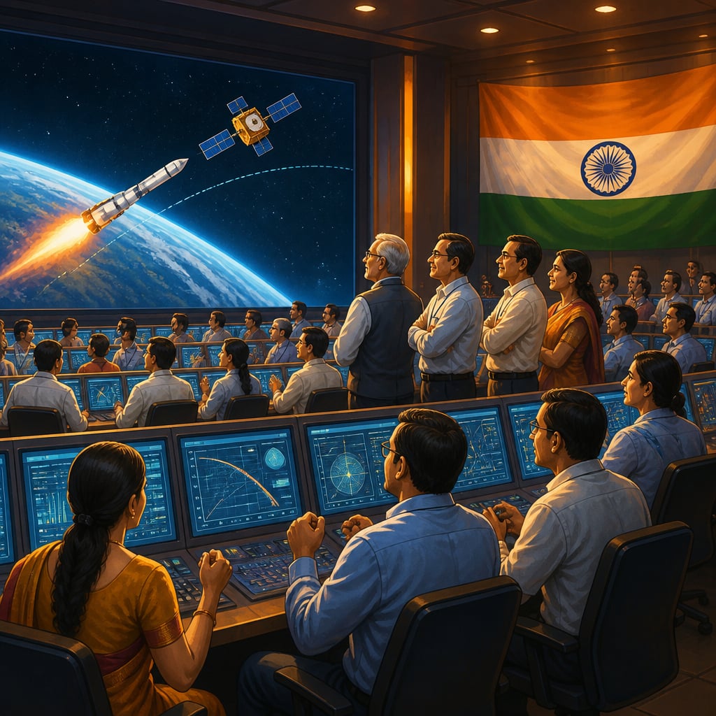 ISRO mission control room with Indian scientists at consoles celebrating a successful satellite injection.