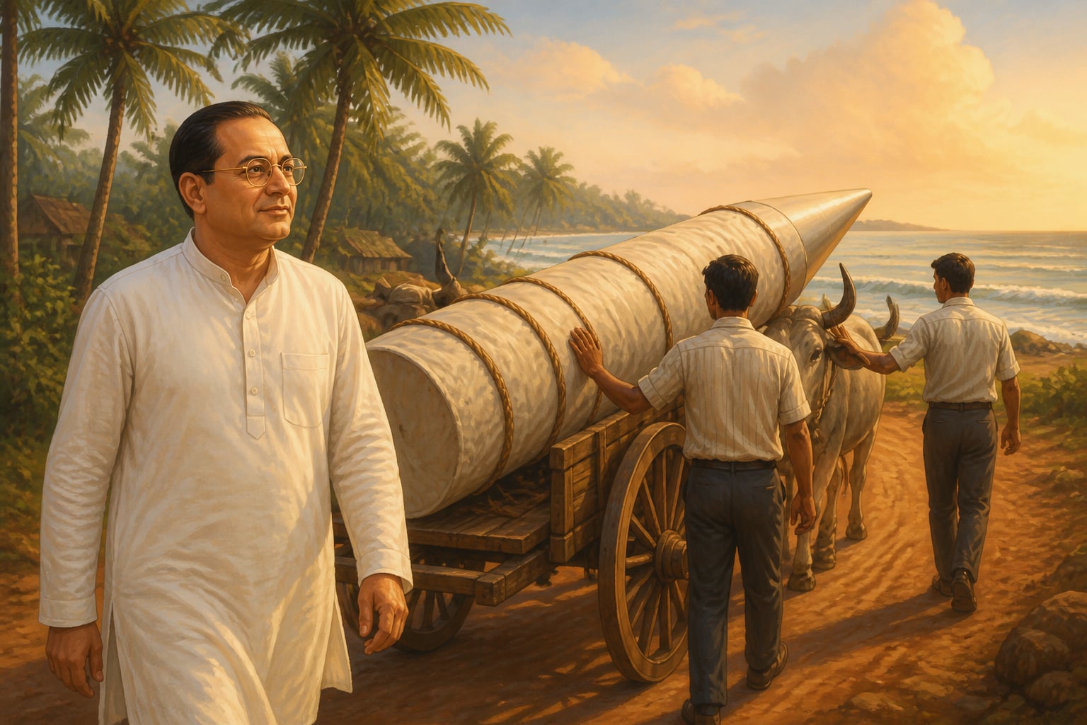 Sarabhai's early ISRO bullock cart carrying a rocket nose-cone