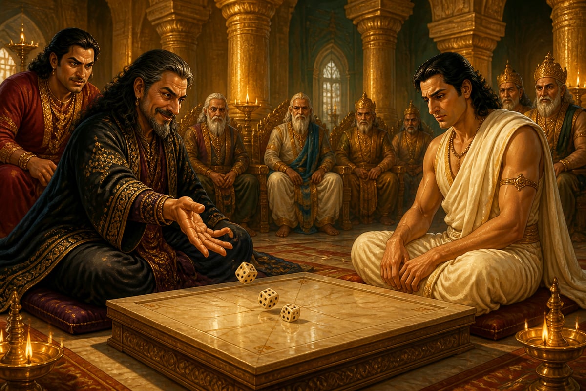 Shakuni rolling loaded dice at the Kuru court