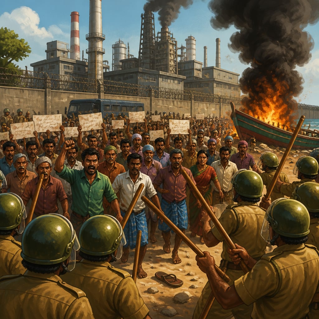 Tuticorin fishermen and townspeople protesting outside Sterlite copper smelter