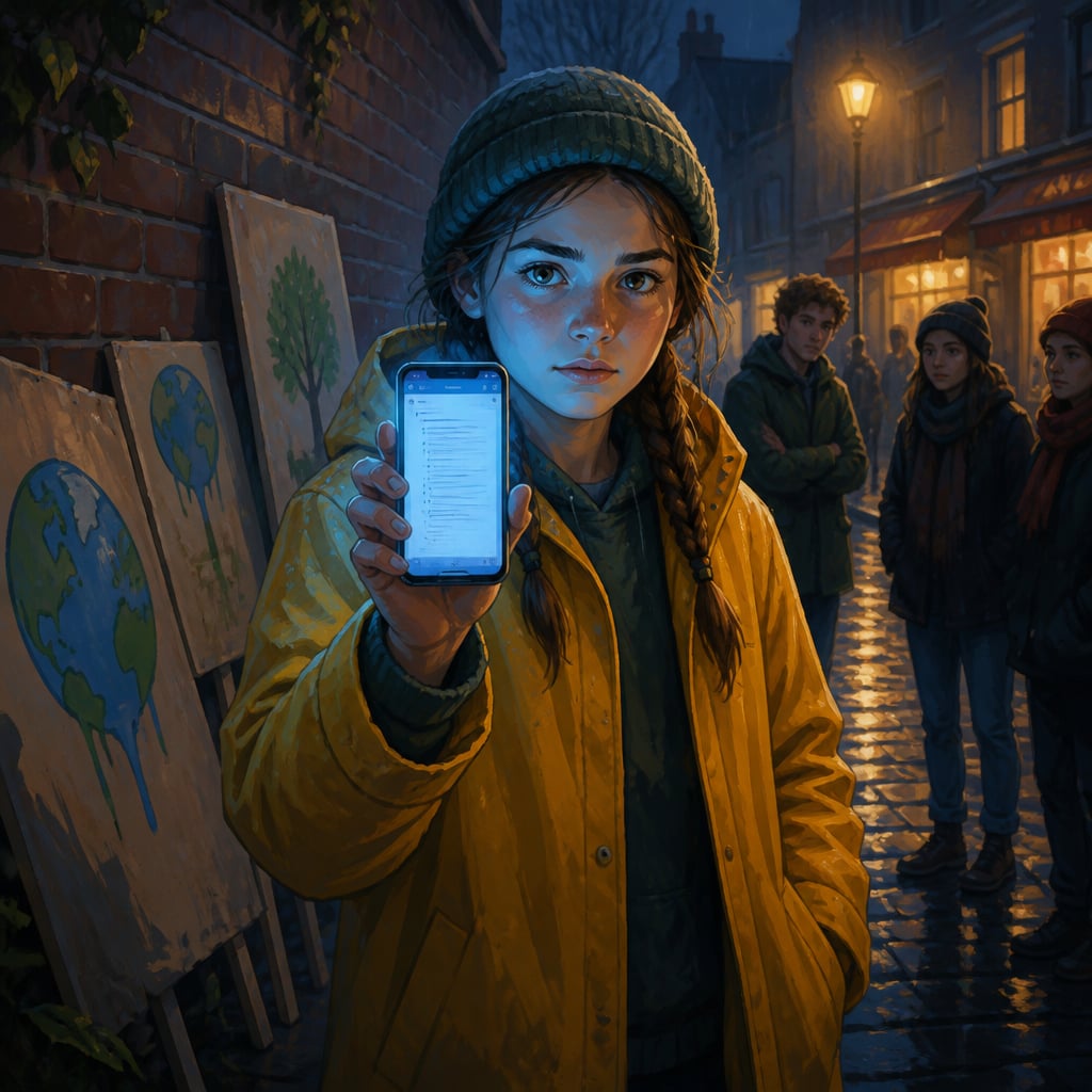 Young climate activist holding a phone showing the leaked Toolkit document