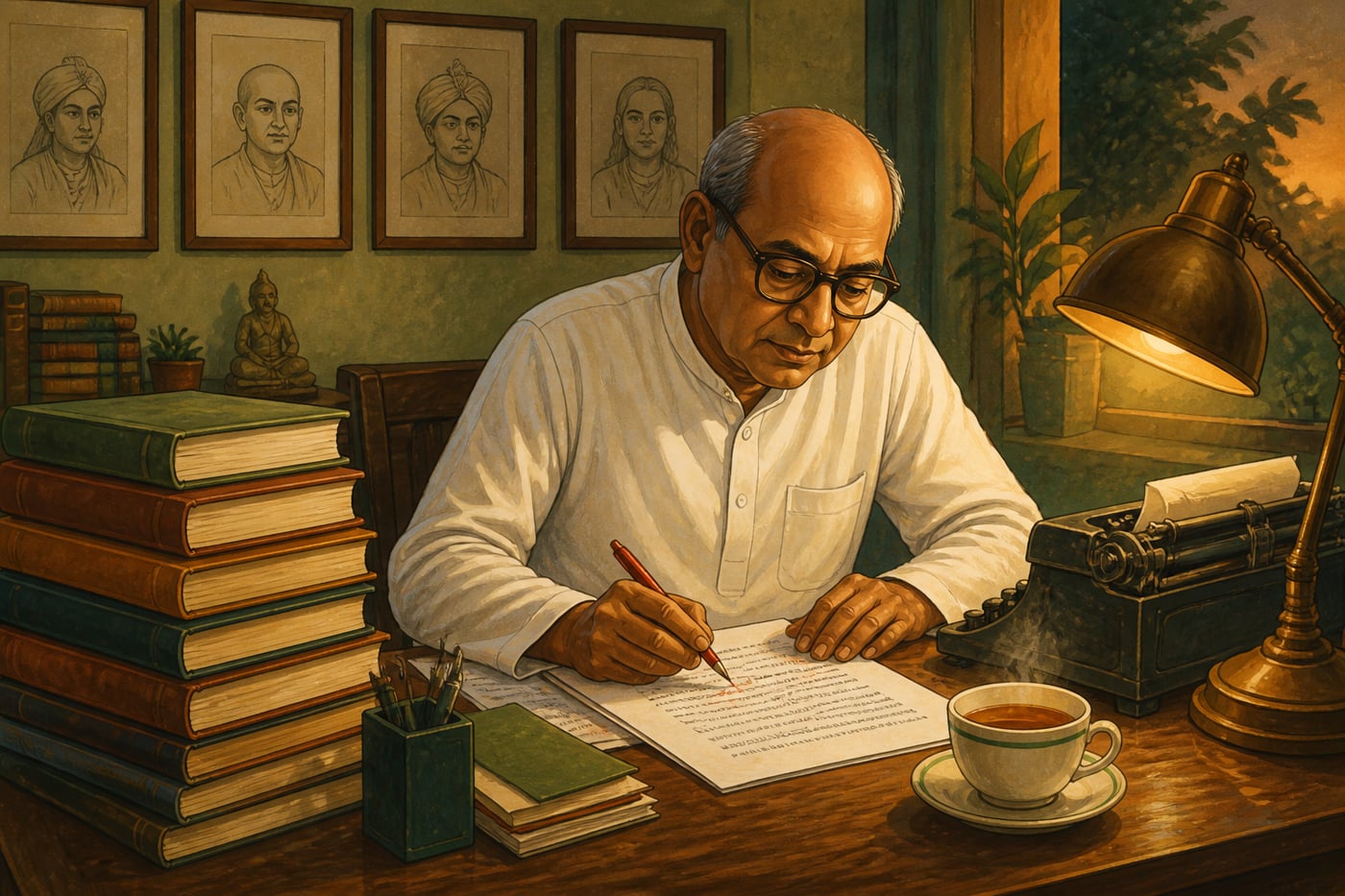 Sita Ram Goel editing a Voice of India manuscript